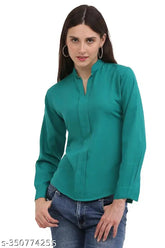Jade green poly crepe formal top with notched neckline and full cuff sleeves for women or girls, solid pattern, made in India