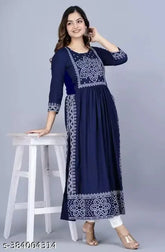 Rayon party kurti for women, Naira cut with three-quarter sleeves and printed combo pattern. Available in sizes S-XXXL, originating from India