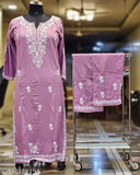 Rayon Chikankari embroidered kurta with plazzo, round neck, three-quarter sleeves, India