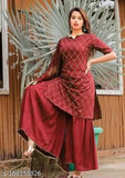 Embroidered MS sharara kurta set with dupatta, three-quarter sleeve, M & L sizes. Indian women's ethnic outfit on display