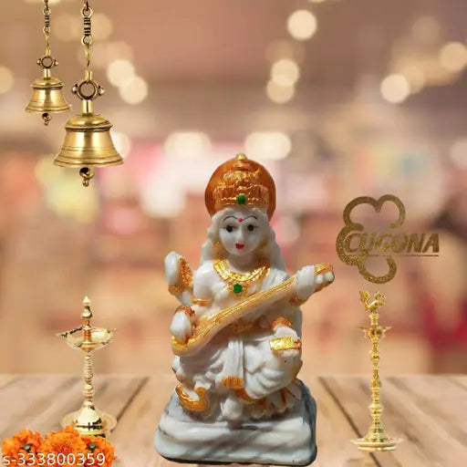 Marble dust Saraswati figurine, 9cm tall, intricately crafted polyresin statue, Indian origin