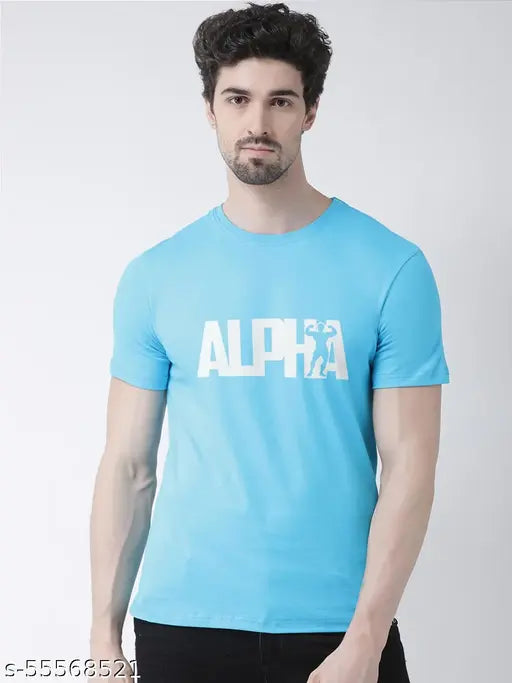Turquoise Alpha Round Neck Cotton T-shirt for Men, premium 175-180 GSM print in sizes XS-36, S-38, M-40, L-42, XL-44 (India)