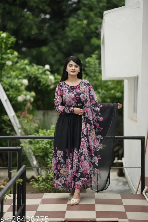 Black Georgette digital print gown set with Dupatta, trendy elegant Indian bridal wear on mannequin