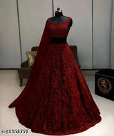 Embroidered net lehenga set for women, free size with 44m waist and 42m length. Indian bridal partywear featuring choli and dupatta