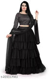 Black net and satin semi-stitched trendy traditional lehenga choli duppata set with embellished dupatta and ruffled top