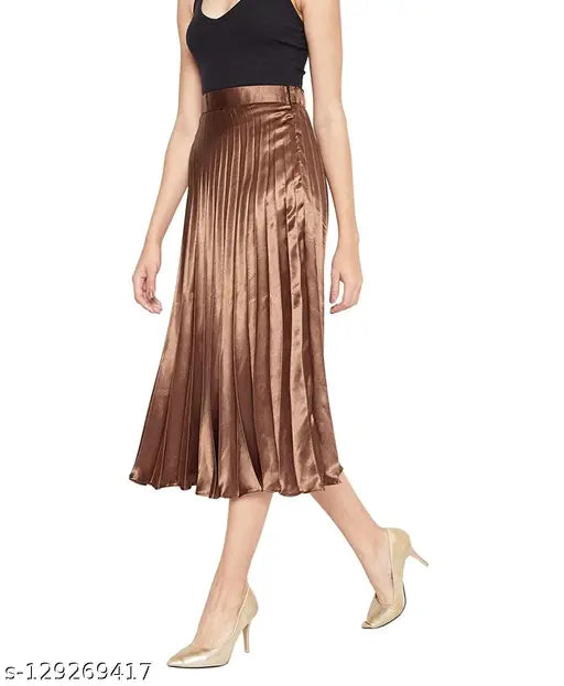 Premium satin pleated midi skirt for women, elastic waistband, full length, travel-friendly, Bollywood inspired, size 28-Free Size, Indian origin