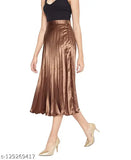 Premium satin pleated midi skirt for women, elastic waistband, full length, travel-friendly, Bollywood inspired, size 28-Free Size, Indian origin