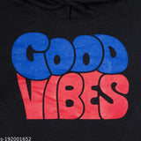 Wool full sleeve stylish unisex hoodie, good vibes printed, insert pocket, ribbed cuff, keeps kids warm during winter