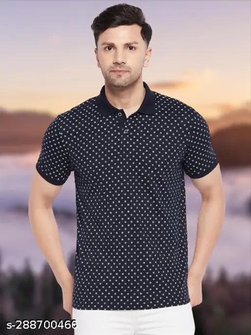 Navy blue cotton blend short-sleeve Wild West polo neck t-shirt, all-over printed for men