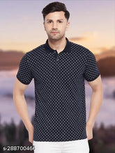 Navy blue cotton blend short-sleeve polo neck T-shirt for men, all-over printed Wild West design