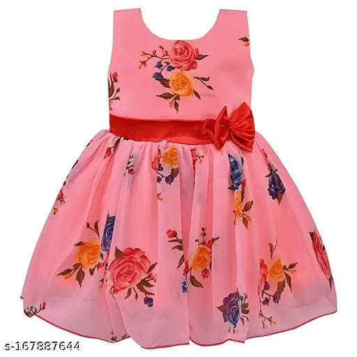 Silver Georgette printed net knee-length dress for baby girls, featuring sleeveless design and various sizes available from 6-9 months to 5-6 years. Spruce up little one's wardrobe with this Wishkaro dress. Made in India