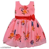 Silver Georgette printed net knee-length dress for baby girls, featuring sleeveless design and various sizes available from 6-9 months to 5-6 years. Spruce up little one's wardrobe with this Wishkaro dress. Made in India