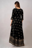 Rayon Gold Printed Black Anarkali Kurta for office/party wear, 3/4 sleeves, round neck, ethnic design, India origin