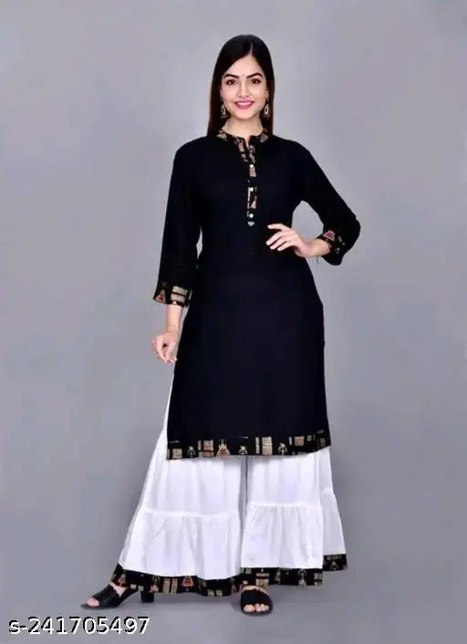 High-demand black rayon kurti with white sharara set - three-quarter sleeve Indian fashion for M to XXL sizes