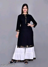 High-demand black rayon kurti with white sharara set - three-quarter sleeve Indian fashion for M to XXL sizes