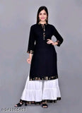 High-demand black rayon kurti with white sharara set - three-quarter sleeve Indian fashion for M to XXL sizes