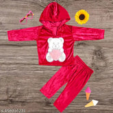 Red velvet winter baby girls' outfit with teddy bear hoodie and matching pants - Indian origin