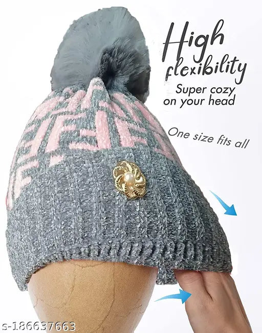 Grey striped woolen knitted cap with fur inside for women and girls - warm and soft winter hat