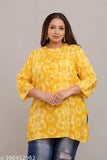 Yellow rayon print kurti, three-quarter sleeves, plus size, Indian embroidery