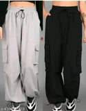 Grey or black polycotton Combo NS pant on model, two pairs in sizes M and XL from India