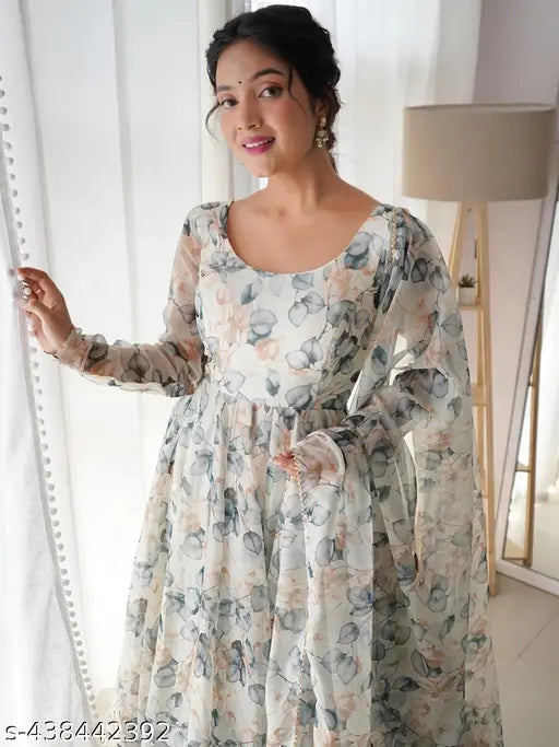 White Georgette Anarkali Gown with floral print and ankle length, full inner, suitable for office, engagement, or casual events