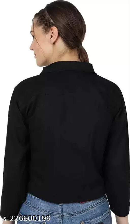 Black denim jacket for kids, solid design, long sleeves, size 12-13 years (bust size: 24 inches), made in India