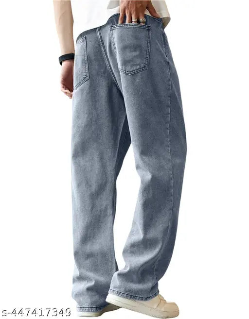 Mens grey wash denim baggy jeans, regular loose fit with solid pattern, size 28/30/32 (waist 29/31/33, length 40, hip 35/37/39), made in India
