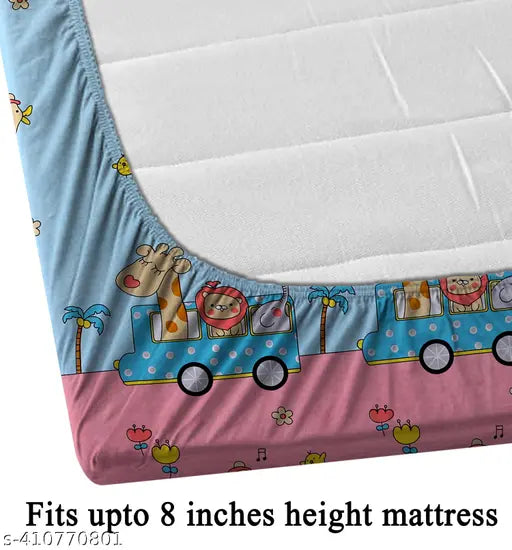 Kids cartoon cotton blend fitted bedsheet, zigzag pattern, multi-color for kids' summer bedroom decor