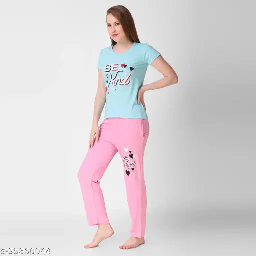 Casual hosiery top & pajamas set pack 2, printed net for women on display