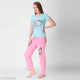 Casual hosiery top & pajamas set pack 2, printed net for women on display