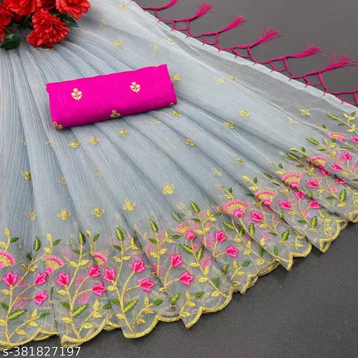 Mustard yellow Super Net embroidered saree with separate Dupion silk blouse, showcasing intricate multi-thread work and cutwork border