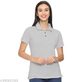Grey cotton blend, stylish half-sleeve polo neck shirt for women and girls