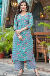 Women's rayon printed kurta bottom set, three-quarter sleeves, palazzo style, S-XXL sizes, traditional Indian fashion accessory