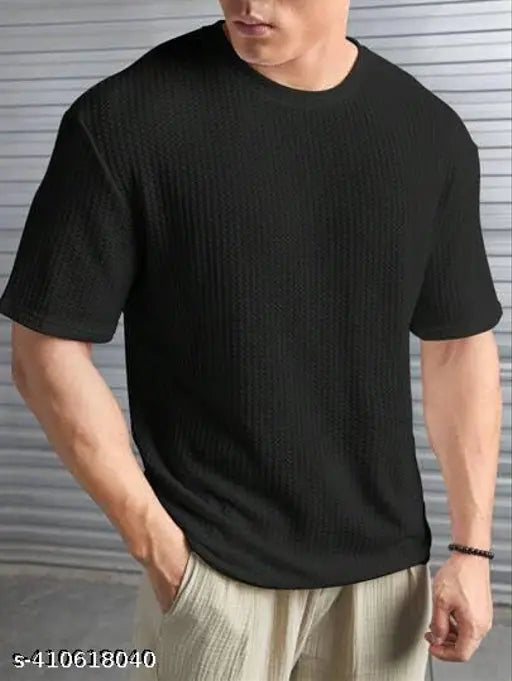 Men's solid round neck cotton blend oversized dropshoulder T-Shirt in navy blue, comfortable and stylish for casual wear