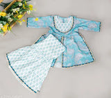 Blue cotton Spack Jerrow floral printed kurti sharara set for baby girls. Vibrant, ethnic, and adorned with gota patti and dori. Perfect for festivals like Diwali, Janmashtami, and Rakhi