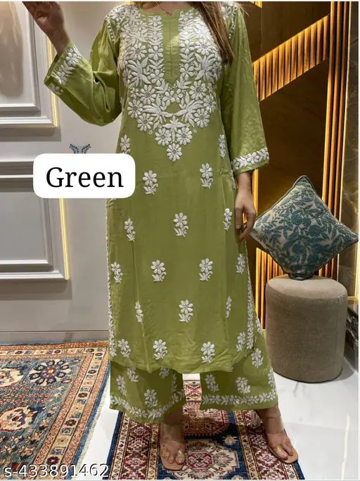 Mehndi Chikankari rayon Kurta set with palazzos, printed net design, three-quarter sleeves. Rayon fabric, various sizes available from M to 4XL. Indian origin