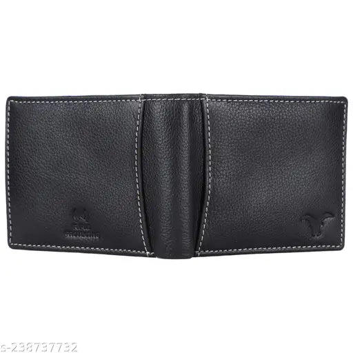 Black genuine high-quality leather men's wallet with RFID protection, featuring 2 compartments, 6 card slots, zipper pocket, slip pockets, hidden pockets, ID slot, coin pocket, and gift box. Durable full-grain leather wallet for gifting occasions like Diwali, Christmas, or birthdays