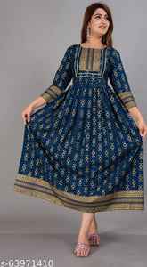 Gold rayon printed women's Anarkali ethnic kurti with long sleeves, size XXXL (bust 46 in, length 51 in) for trendy fashion