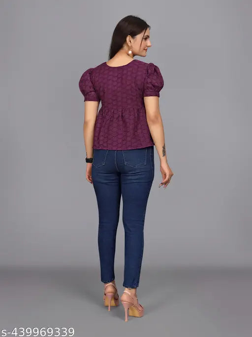 Flaired wine Hakoba cotton top, three-quarter sleeve, printed net, XS size (36in bust, 26in length), Indian handloom clothing on hanger