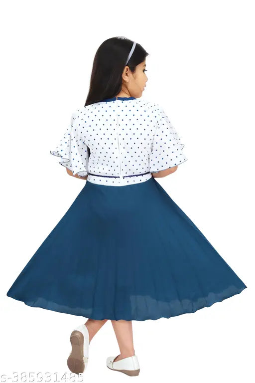 Blue cotton blend printed net frock for girls, short sleeves, 4-5 years size on hanger