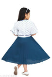 Blue cotton blend printed net frock for girls, short sleeves, 4-5 years size on hanger