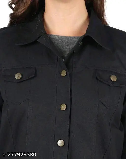 Black denim three-quarter sleeve jacket by M S Fashion House for women, solid pattern
