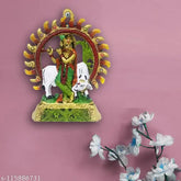 Metal Krishna statue wall hanging, vibrant multi-colored idol showpiece gift (16.5cm L x 21.5cm H x 3cm B)