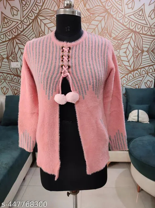 Premium wool hair Ladoo designed women's cardigan, rich look and trendy self-design knitted pattern for winters