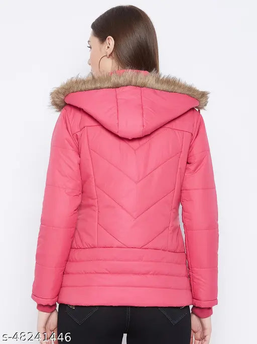 Pink polyester women's full-sleeve parka jacket, Vero Amore brand, solid pattern, quilted with quality polyfill, detachable faux fur hood, 3 pockets (1 inside, 2 outside), India origin