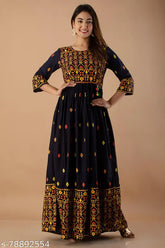 Black rayon printed Anarkali Kurta/Gown with three-quarter sleeves, perfect for traditional occasions