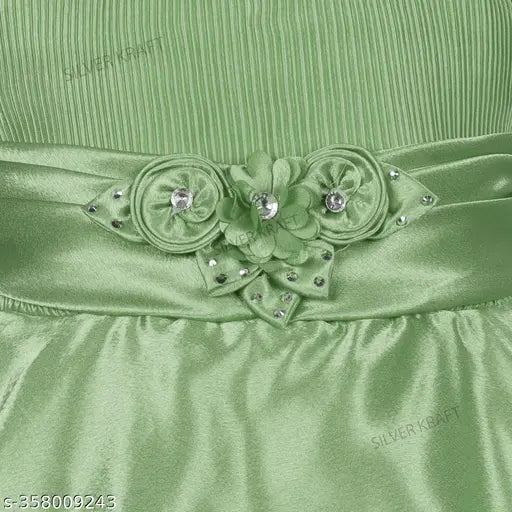 Silver satin flare knee-length frock dress with shoulder straps, solid pattern, for girls aged 6-3 years, India origin