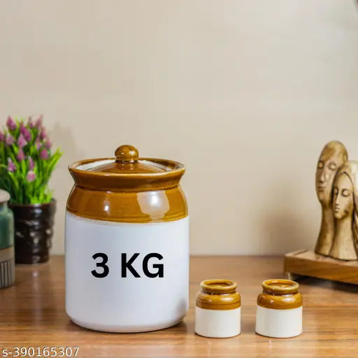 Ceramic Martban pickle jar, 3000 ml capacity, includes 2 salt containers - ideal for Indian achaar storage