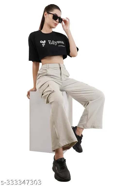 Lycra mid-waist bell bottom trousers, stylish women's office wear combo with cargo pockets, available in sizes 26, 30, 32, and 34