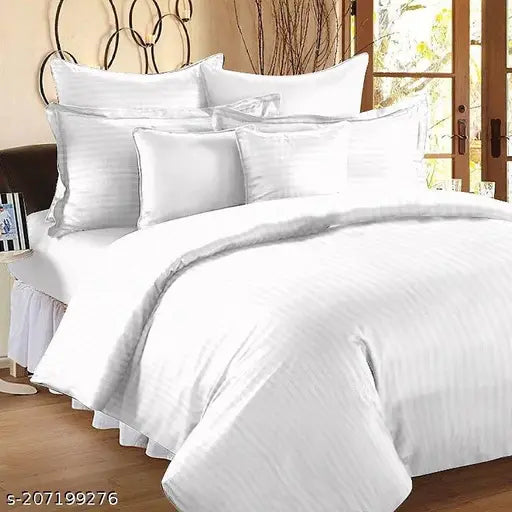 White satin striped 400 TC luxury bedsheet by Pranika Enterprises, ideal for hotels and guest houses. Cotton flat sheets with 2 pillow covers." (117 characters)